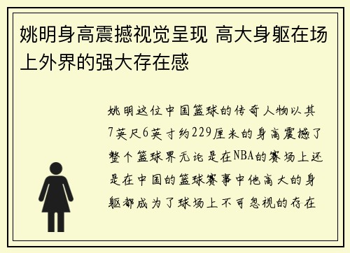 姚明身高震撼视觉呈现 高大身躯在场上外界的强大存在感